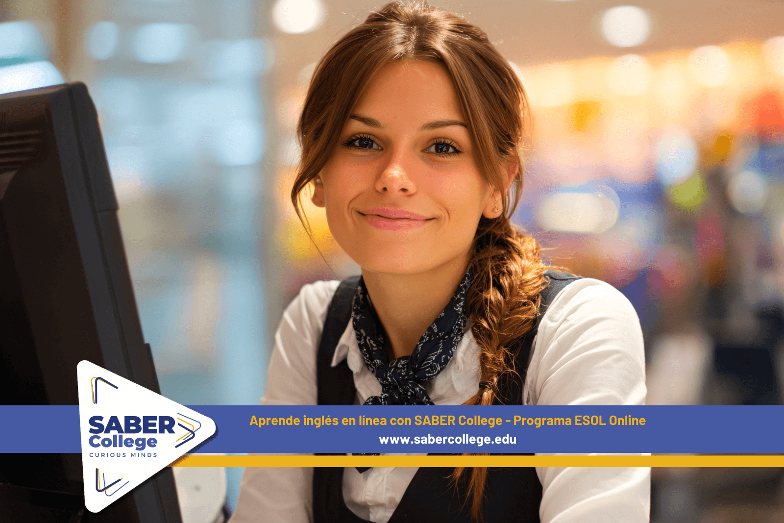 Estudiante hispano aprendiendo inglés en casa con su computadora, representando cómo el Programa ESOL Online de SABER College ayuda a mejorar oportunidades laborales y familiares en Estados Unidos.