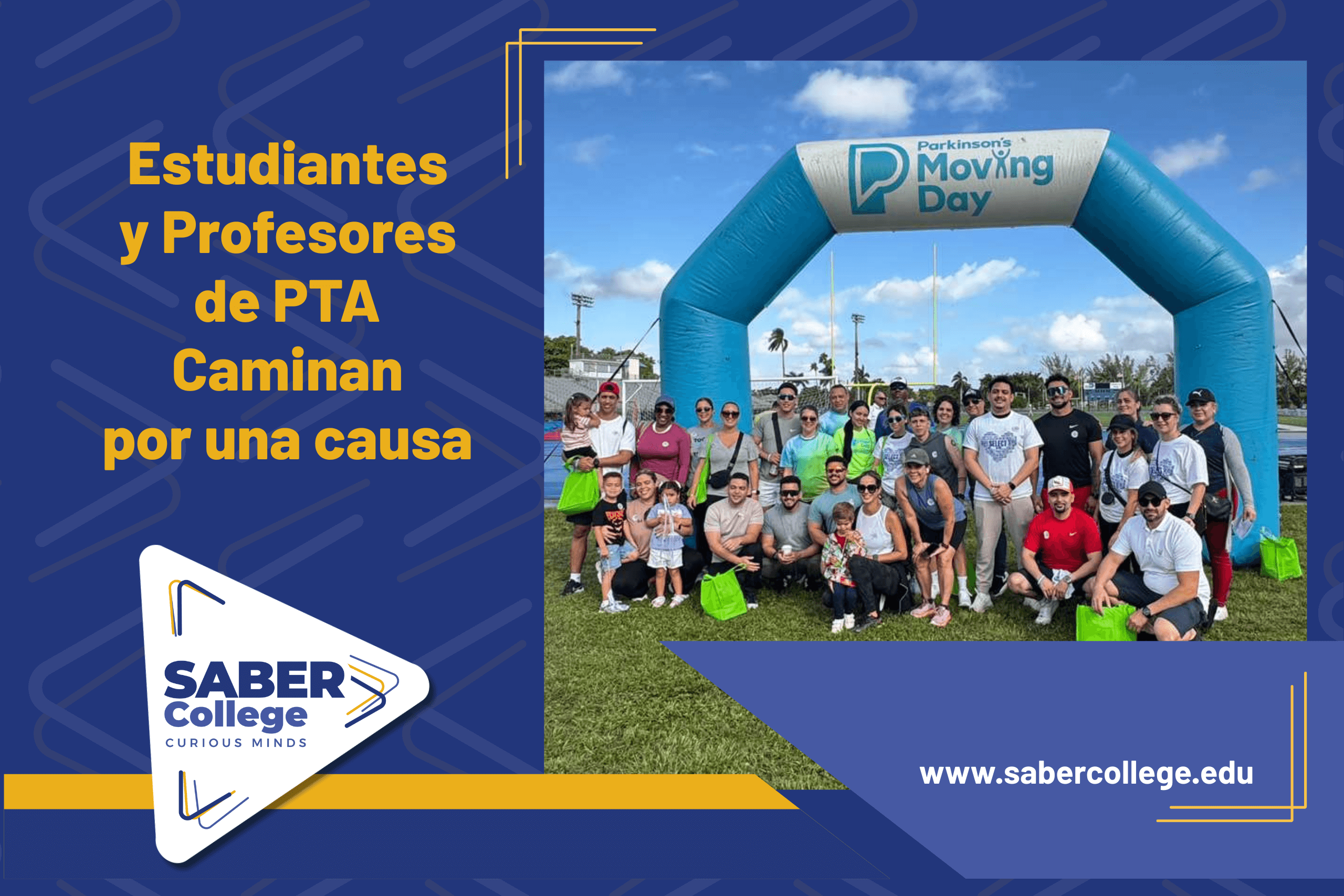 Estudiantes y profesores del programa de PTA de SABER College participan en Moving Day Miami, apoyando a la Fundación Parkinson y promoviendo el movimiento y la conciencia sobre la enfermedad.